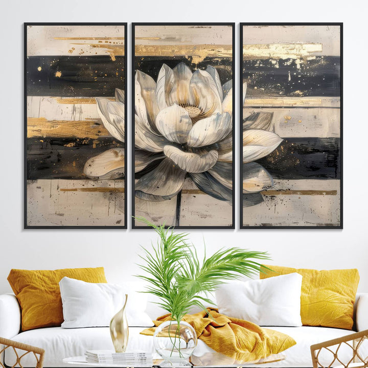 The wall is adorned with an Abstract Lotus Flower Wall Art Canvas Print.