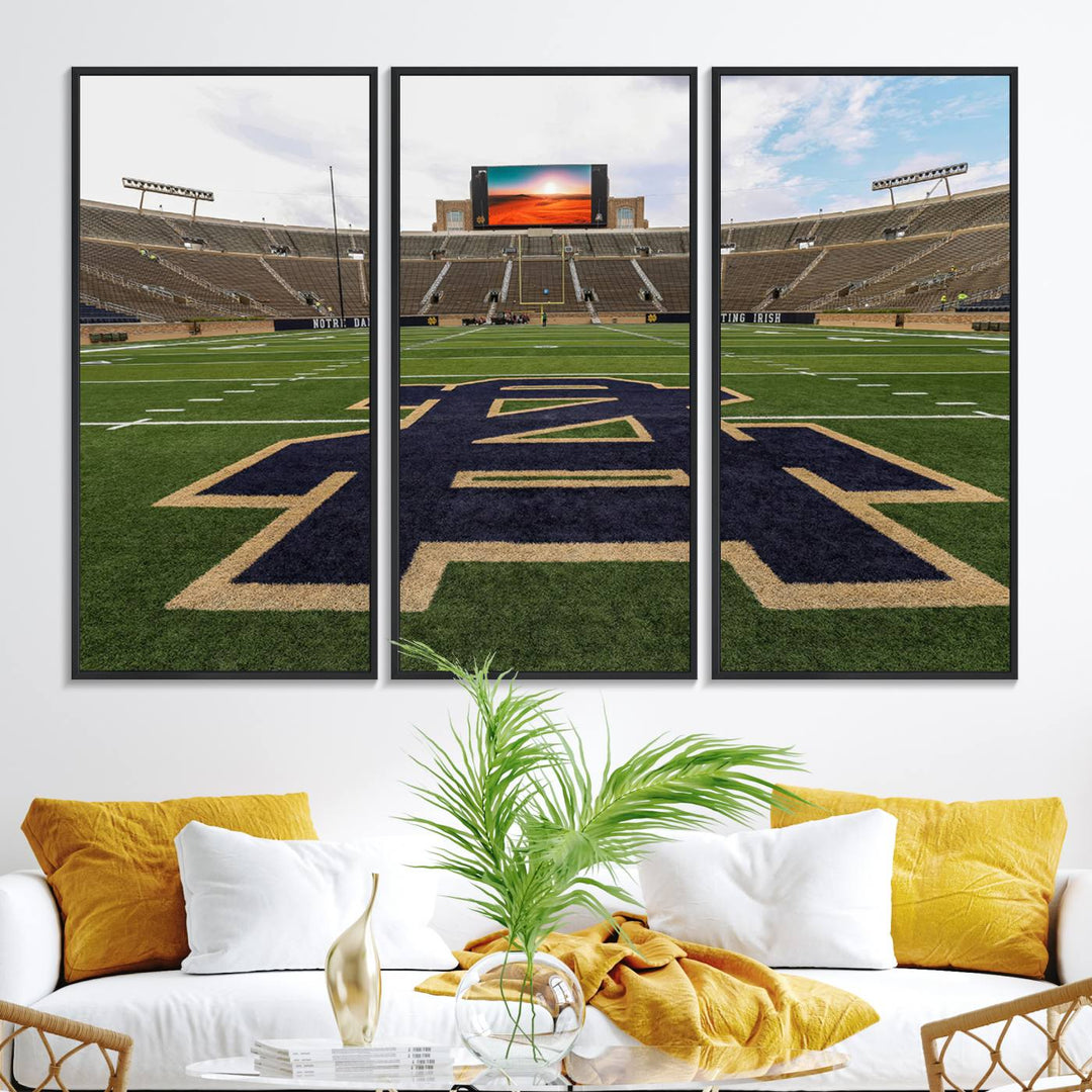 Notre Dame Stadium Triptych: This ready-to-hang giclee canvas print features a vibrant depiction of the football field adorned with an A logo and a stunning sunset.