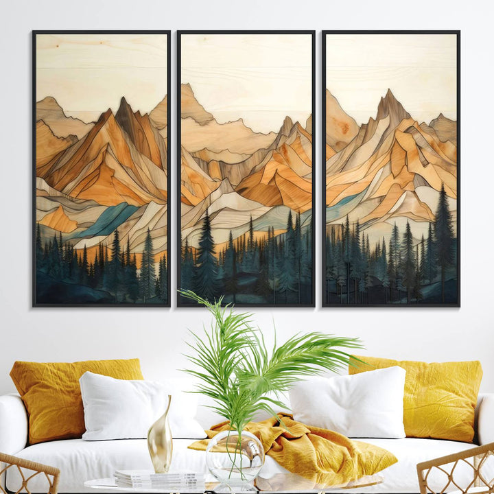 A triptych giclee print of mountains decorates the wall above the counter.