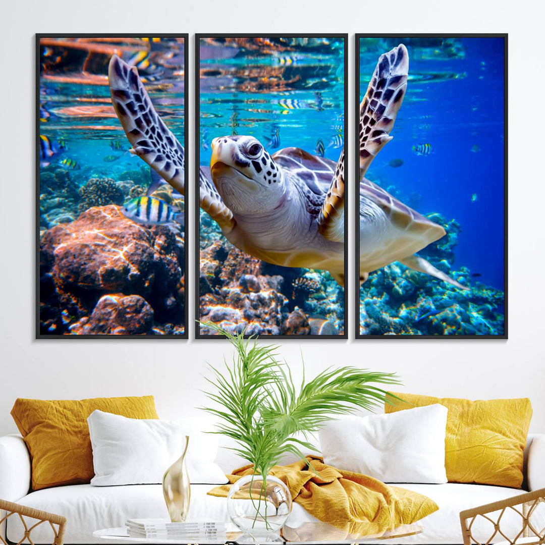 The Underwater Sea Turtle Wall Art Canvas Print serves as vibrant ocean décor, enhancing the kitchen with its stunning depiction.