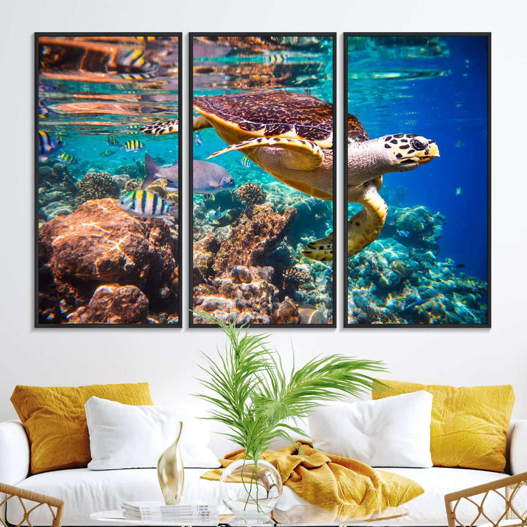 A Sea Turtle Wall Art Canvas Print features a colorful turtle swimming among coral. This artwork is ready to hang.