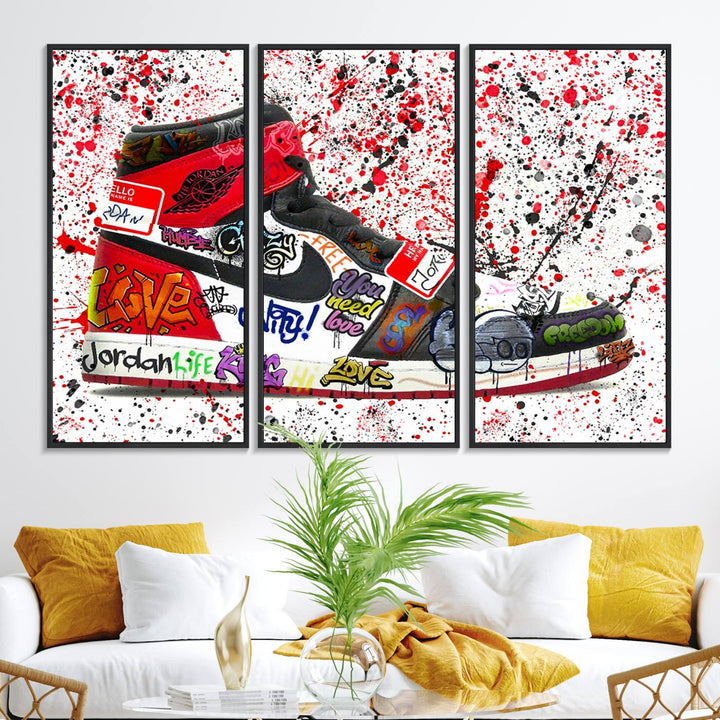 A Jordan Shoes Graffiti Canvas Print hangs prominently, perfect for sneakerheads and urban art lovers.