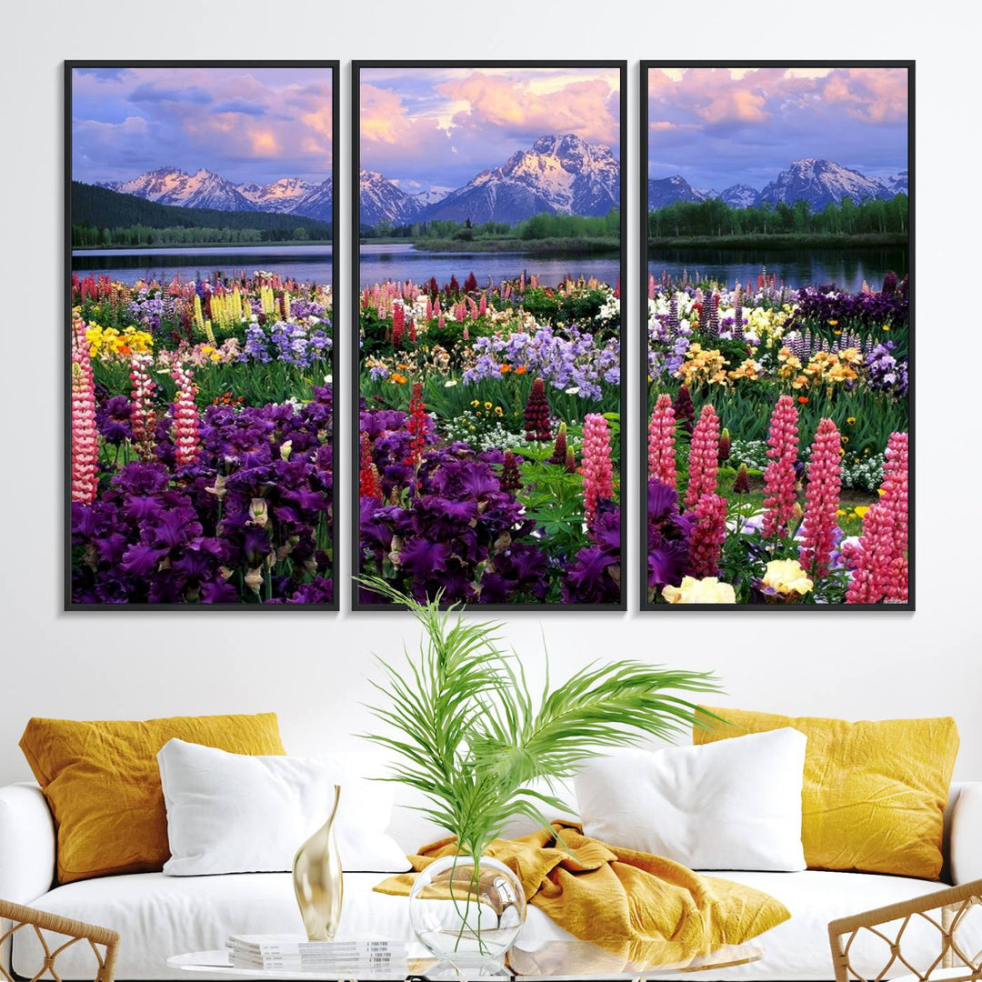 A Vibrant Wildflower Garden and Mountain View Giclee Print is displayed prominently on the wall.