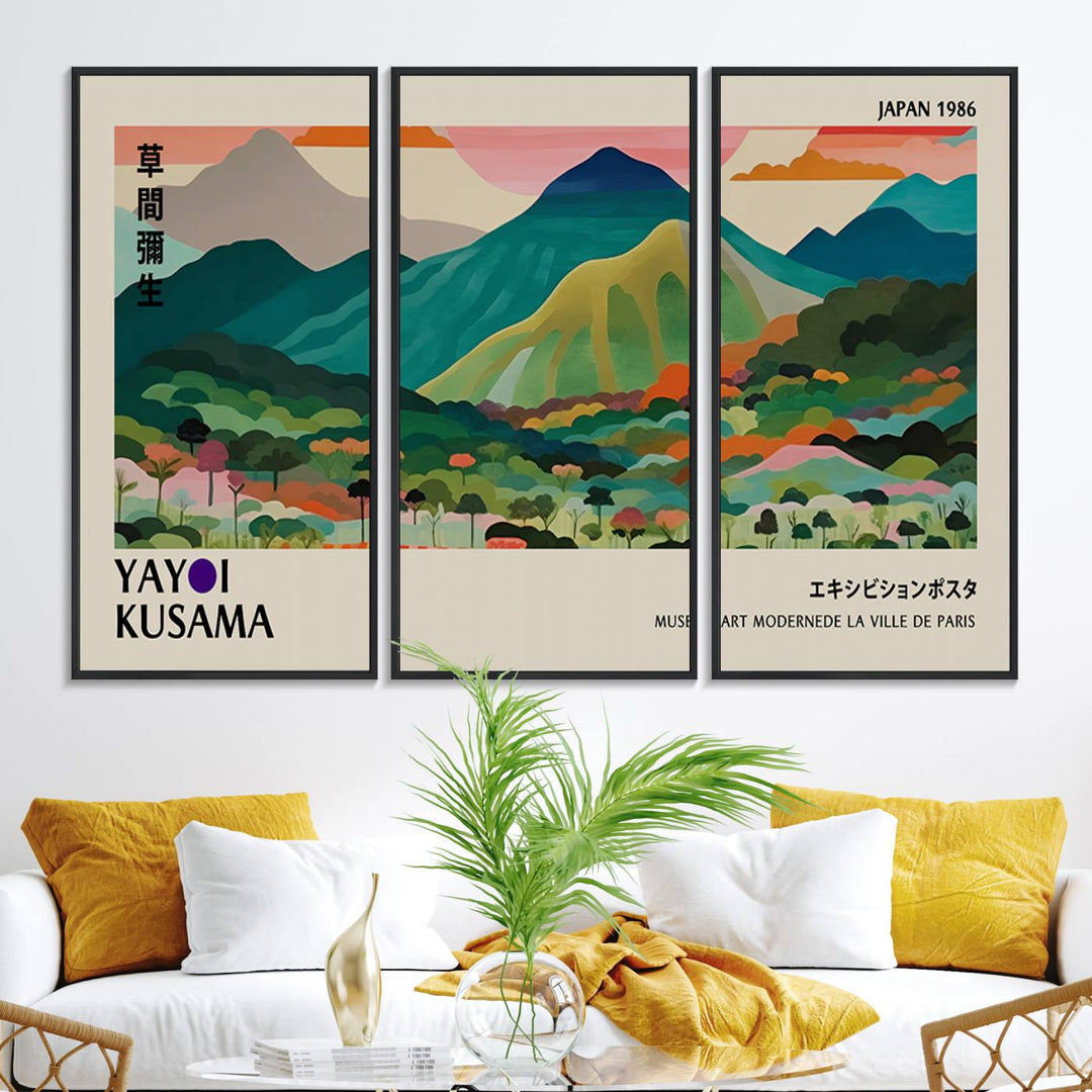 Vibrant Kusama landscape canvas featuring floral mountains and botanical decor, ideal for a modern home.