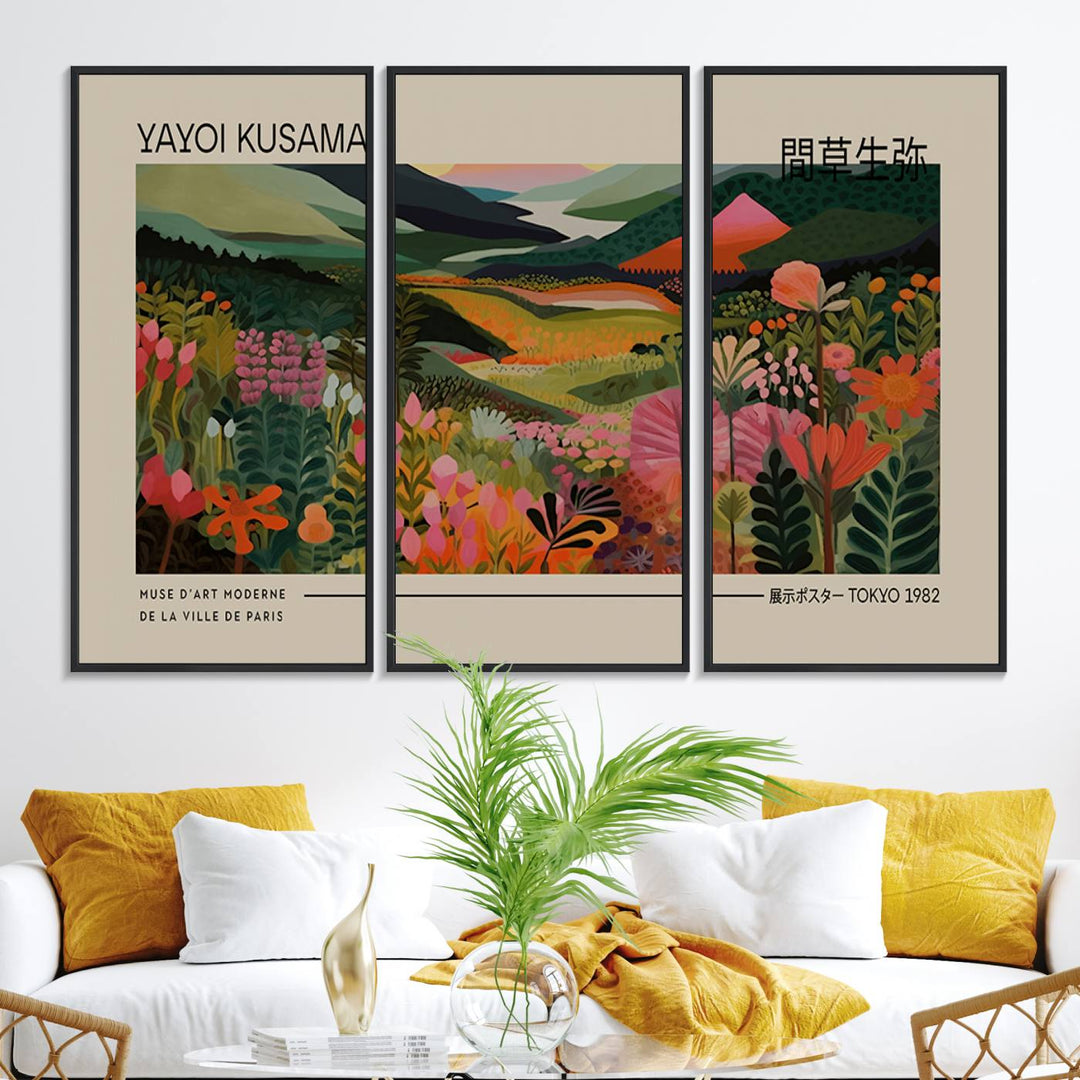 A Yayoi Kusama Landscape Canvas Print brightens the wall with vibrant floral and mountain art.