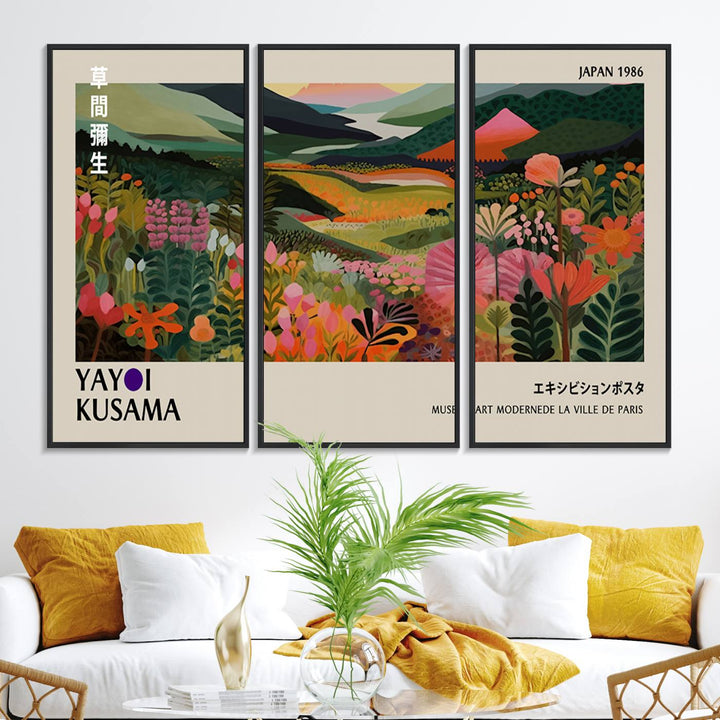 Yayoi Kusamas Landscape Canvas Print with vibrant floral mountain art adorns the wall.