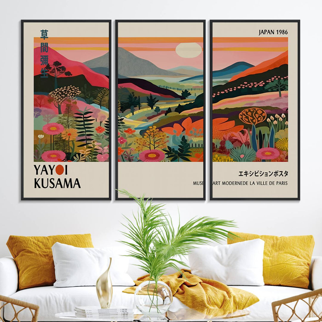 Yayoi Kusama Landscape Canvas Print: Vibrant mountain, sun, trees, and flowers art titled Japan 1936.