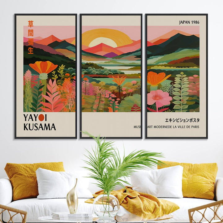 The Yayoi Kusama Landscape Canvas Print, featuring vibrant floral mountains and sunset scenery, enhances the room.