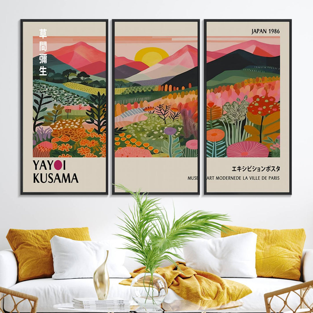 The wall art includes a vintage world map and Yayoi Kusamas colorful landscape.