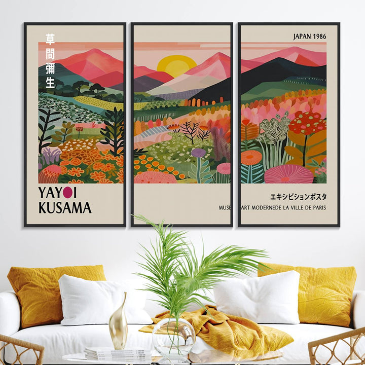 The wall art includes a vintage world map and Yayoi Kusamas colorful landscape.