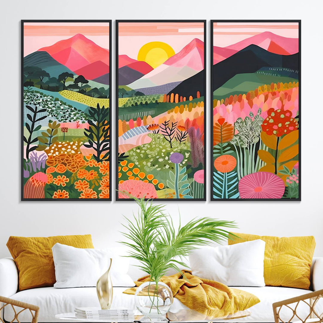 Vibrant abstract landscape canvas: Yayoi Kusama 1986 wall art print featuring mountains, sun, and flowers. Ready-to-hang.