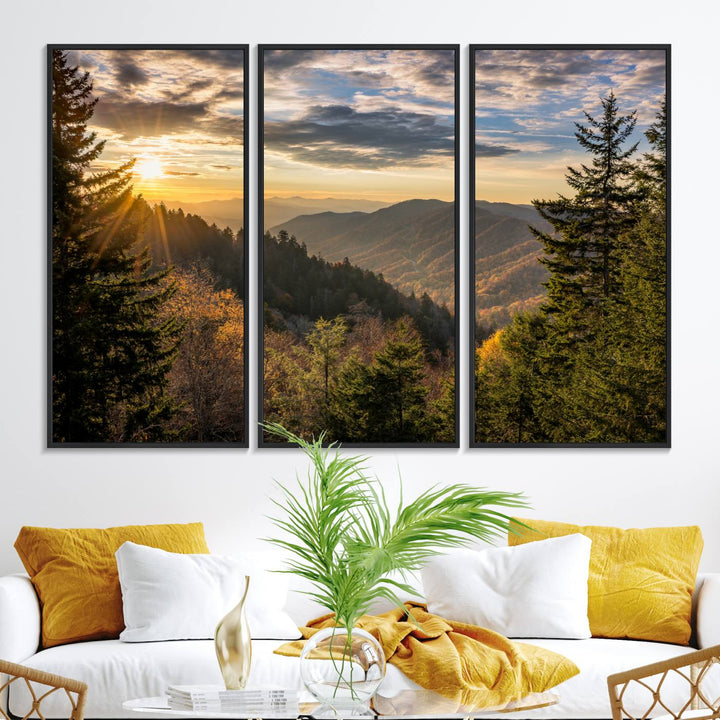 A triptych canvas titled Sunrise Over the Smoky Mountains adorns the wall.