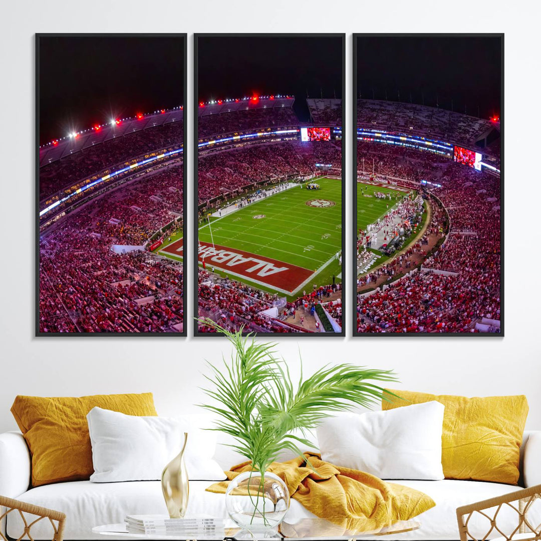 The living room features a Bryant-Denny Stadium Night Game Triple Canvas Wall Art.