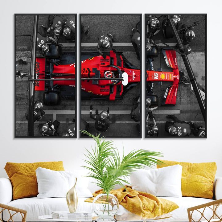 Ferrari Pit Stop Canvas Wall Art displayed prominently in the living room.