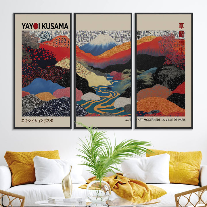 The room showcases Kusamas 1986 vibrant abstract landscape wall art print.