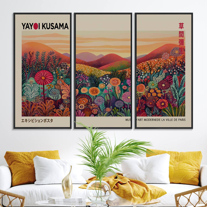 A framed Yayoi Kusama abstract landscape art print adorns the wall.