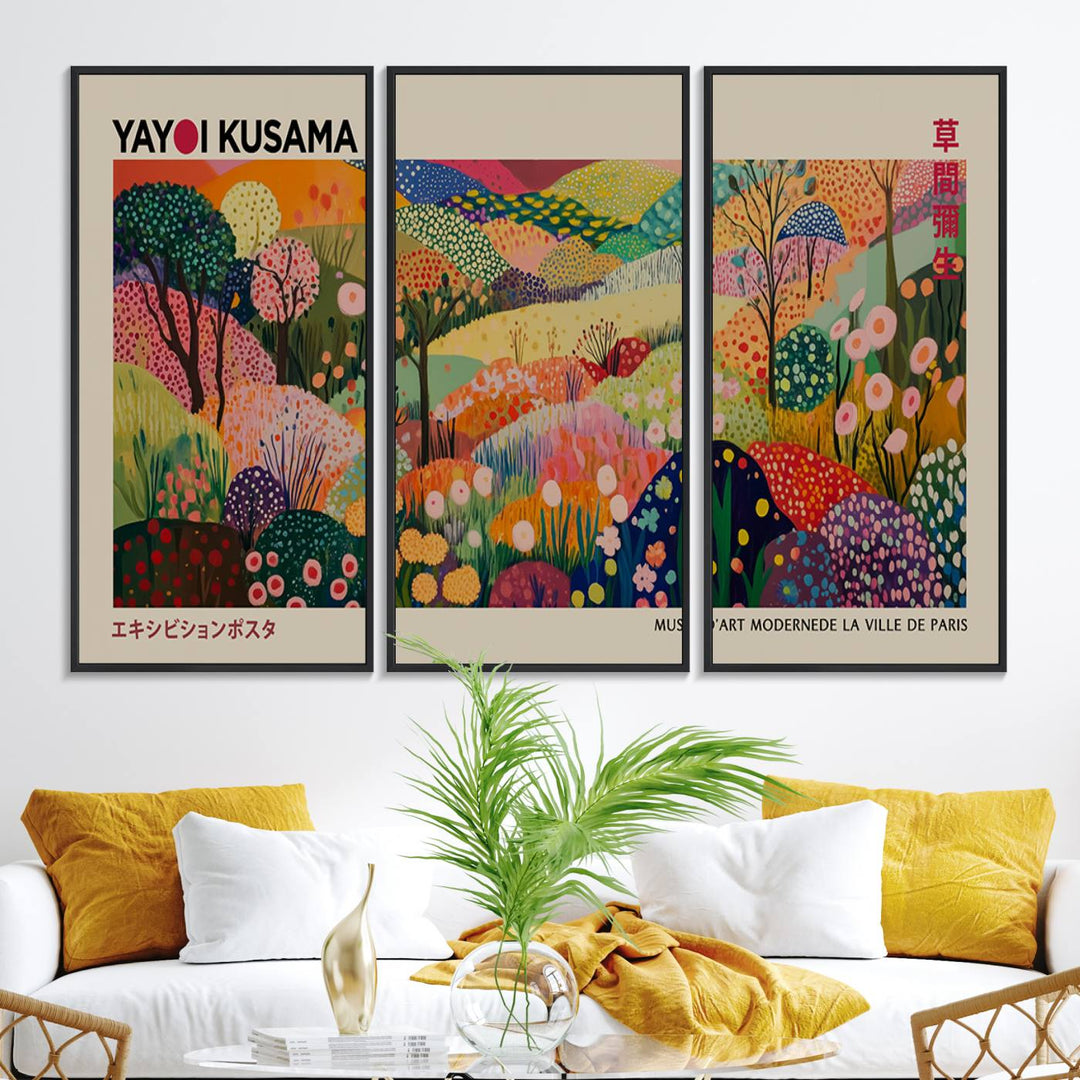 The Framed Yayoi Kusama 1986 Wall Art Print brings vibrant abstract landscapes to enhance the wooden wall.