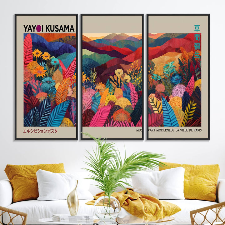 A Yayoi Kusama 1986 wall art print adds color in a modern living room.