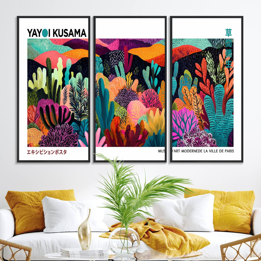 Yayoi Kusamas vibrant abstract landscape print.