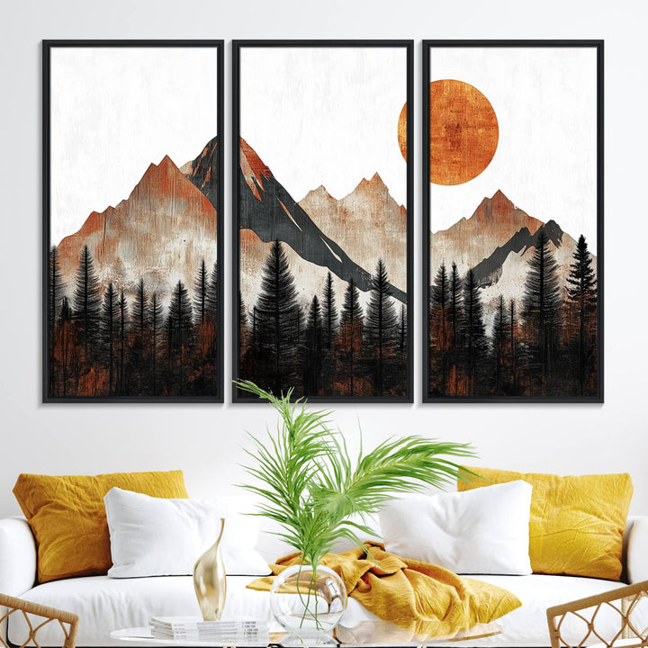 The "Modern Abstract Mountain Canvas Wall Art Print" in the living room features an abstract landscape of mountains, trees, and a warm-toned sun.