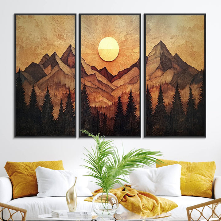 The dining area features a Wood Style Abstract Mountain Sunset canvas wall art print.