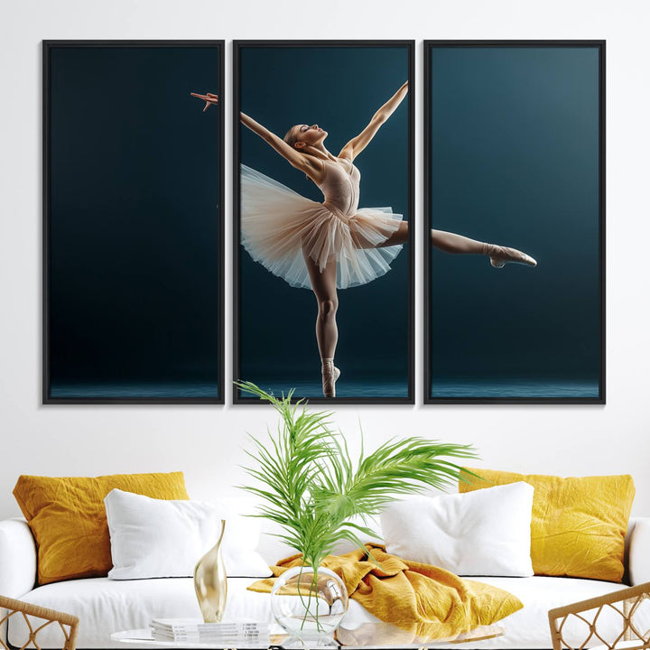 This stunning Ballerina Canvas Wall Art Print captures the elegance of a ballet dancer in motion, beautifully highlighted against a stage-like backdrop with delicate decor and natural elements. As graceful dance-inspired wall decor, it adds an element of grace and movement to any living room, office, or bedroom and is ready to hang.