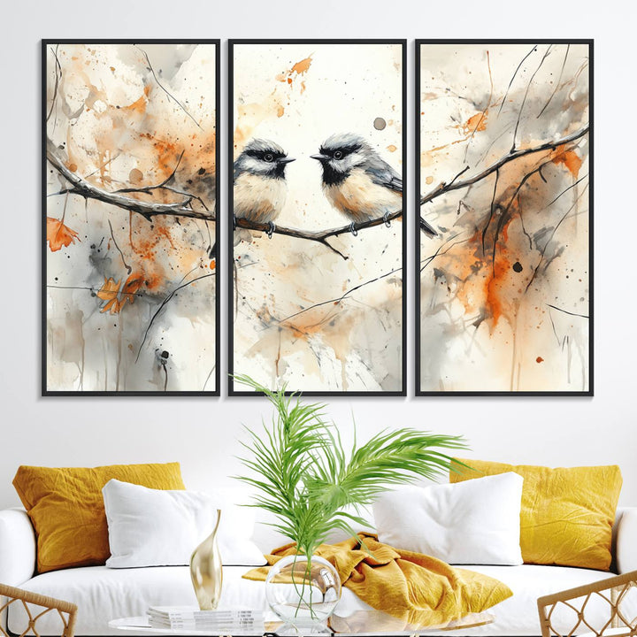 The living room features abstract watercolor chickadee bird art on the wall.