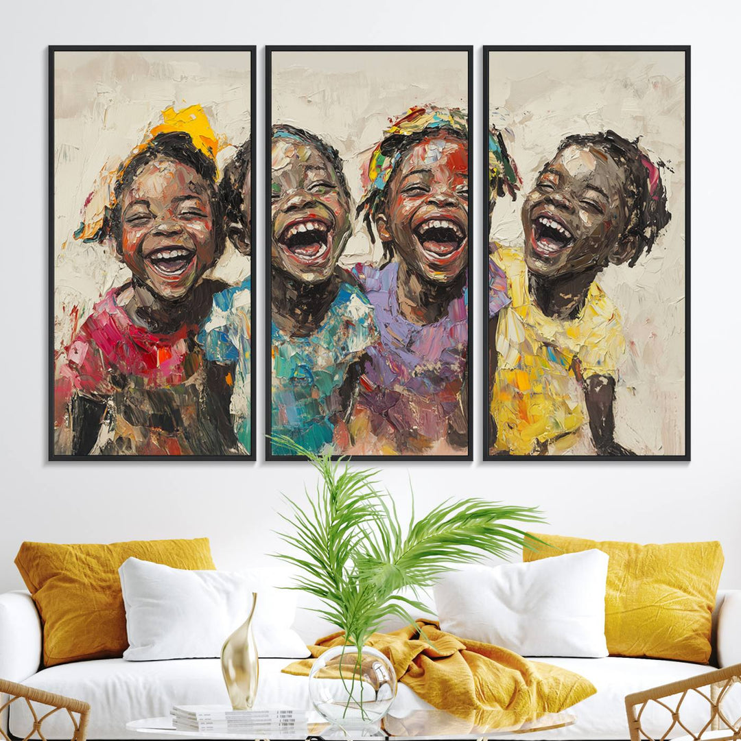 The Shai Yossef style "Joyful Childhood Canvas Wall Art" beautifully depicts an expressive impasto painting of three cheerful black children laughing, capturing the joyous essence of childhood.