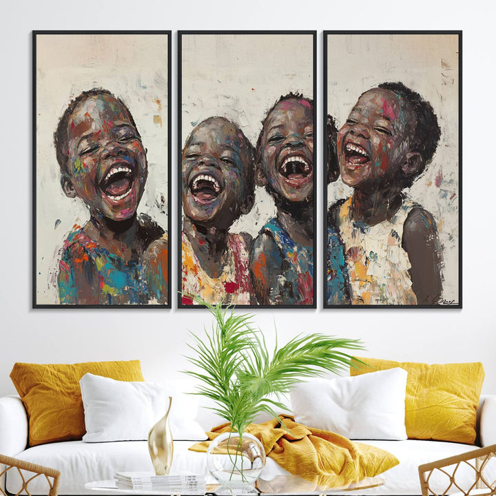 This Shai Yossef Print - Joyful Childhood Canvas Wall Art is an expressive impasto painting of laughing children. As framed abstract art for your living room, it adds a touch reminiscent of Shai Yossef's unique style to any living space.