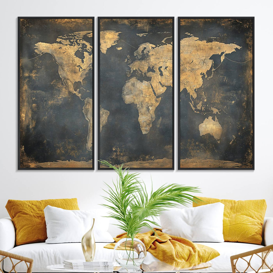 The Grunge World Map Canvas Wall Art features golden tones and is displayed against a white-paneled wall.