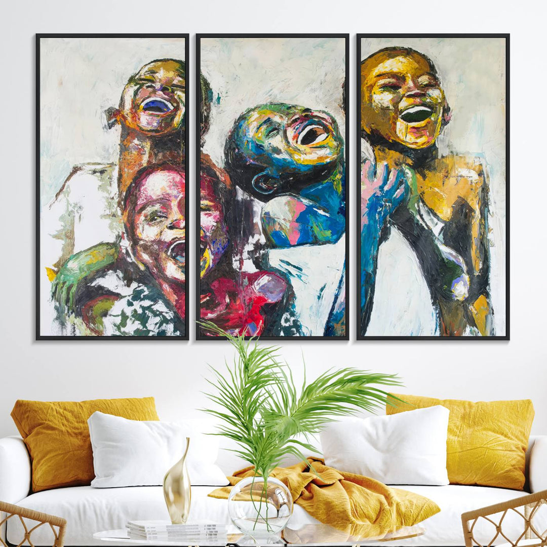 A vibrant Shai Yossef canvas art of joyful kids hangs prominently.