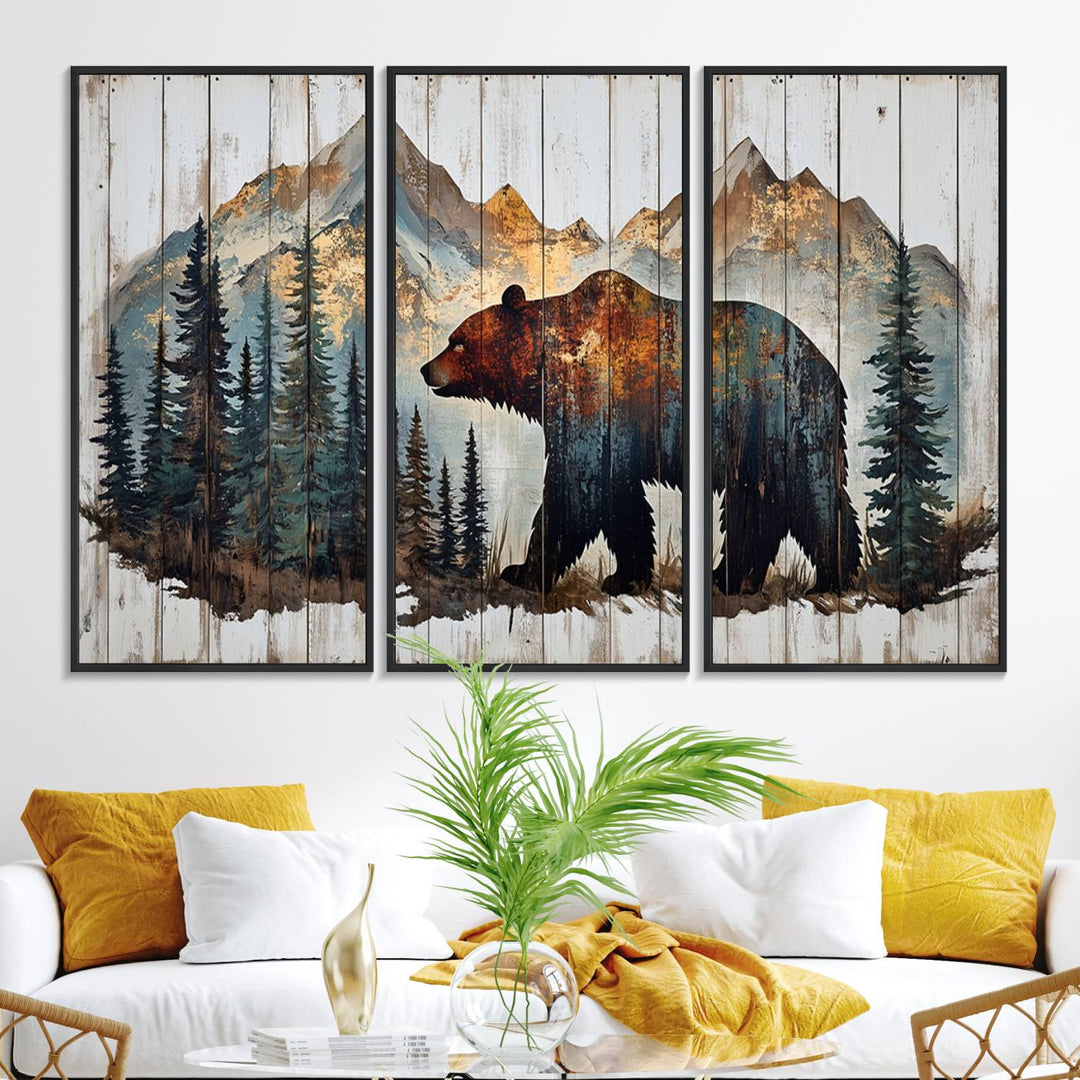 The living room features Rustic Grizzly 399 bear wall art, adding a cozy touch to the setup.