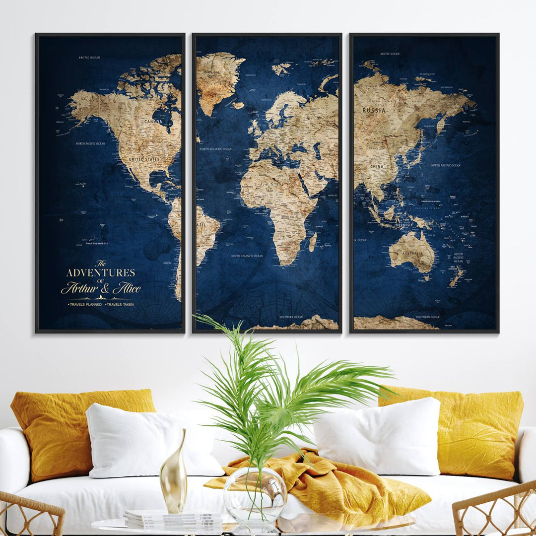 A Personalized Custom World Map Canvas Print on blue hangs prominently.