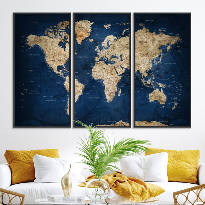 A personalized world map canvas print hangs above.