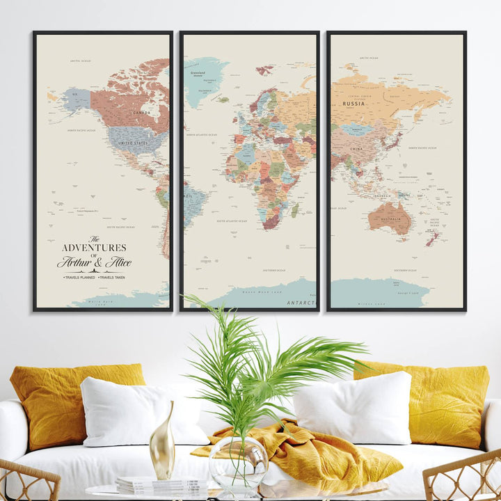 A large, colorful Custom World Map Canvas hangs on the light-colored wall.