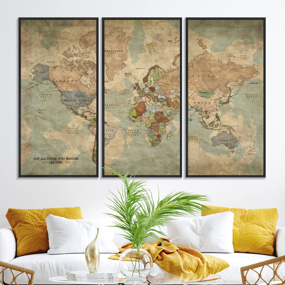 A Personalized World Map Canvas Print in vintage style enhances the setting with its artistic charm.