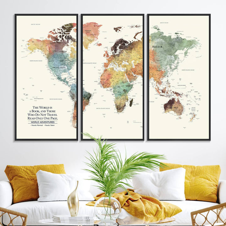 A colorful Personalized World Map Canvas Print, ideal as wall art for living room or office.