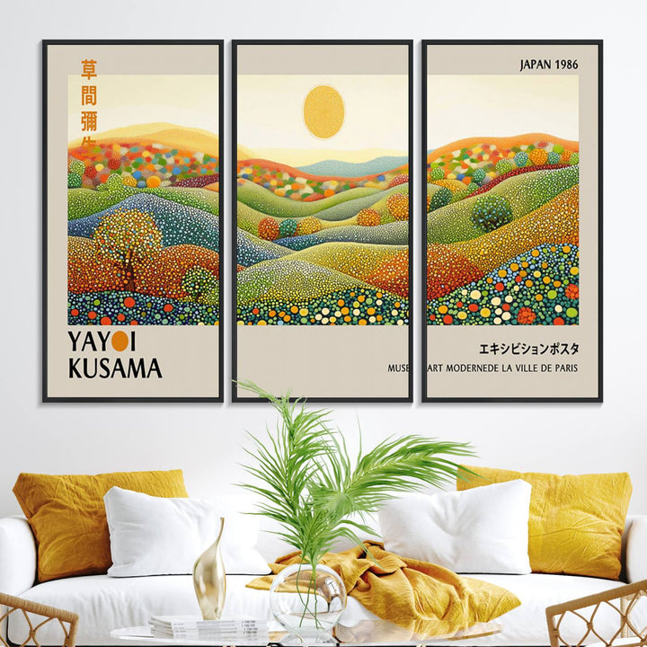 The Yayoi Kusama Wall Art Print – Wabi Sabi Japanese wall art features a vibrant abstract landscape design with dotted patterns and a bright yellow sun.