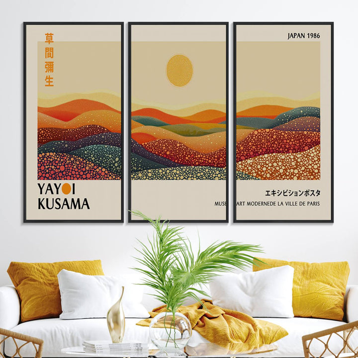 The Yayoi Kusama Wall Art Print is a vibrant abstract landscape canvas featuring colorful, dotted hills and a sun, reminiscent of Yayoi Kusama's iconic designs.