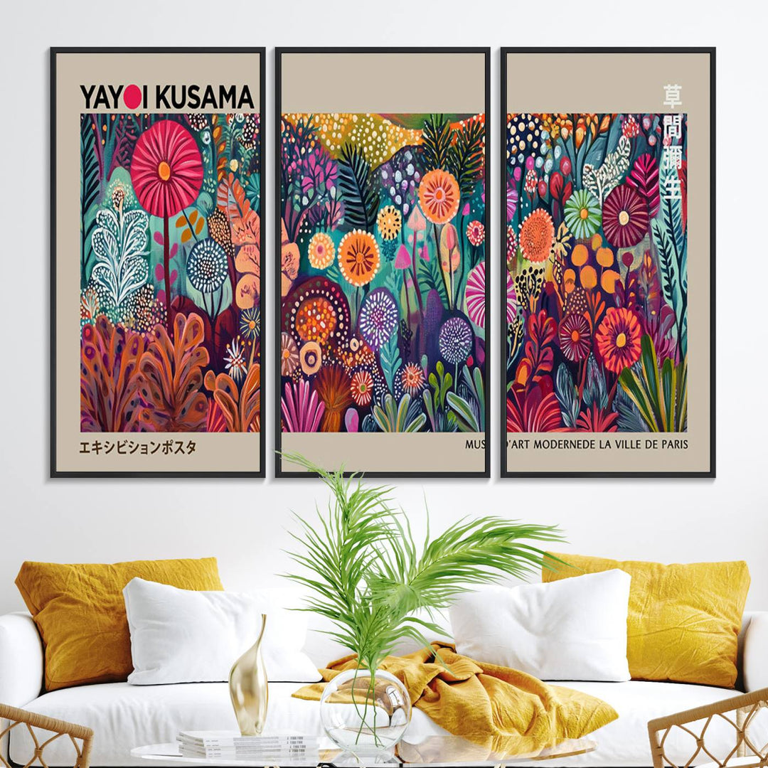 A vibrant Yayoi Kusama Wall Art Canvas Print is held on a porch.