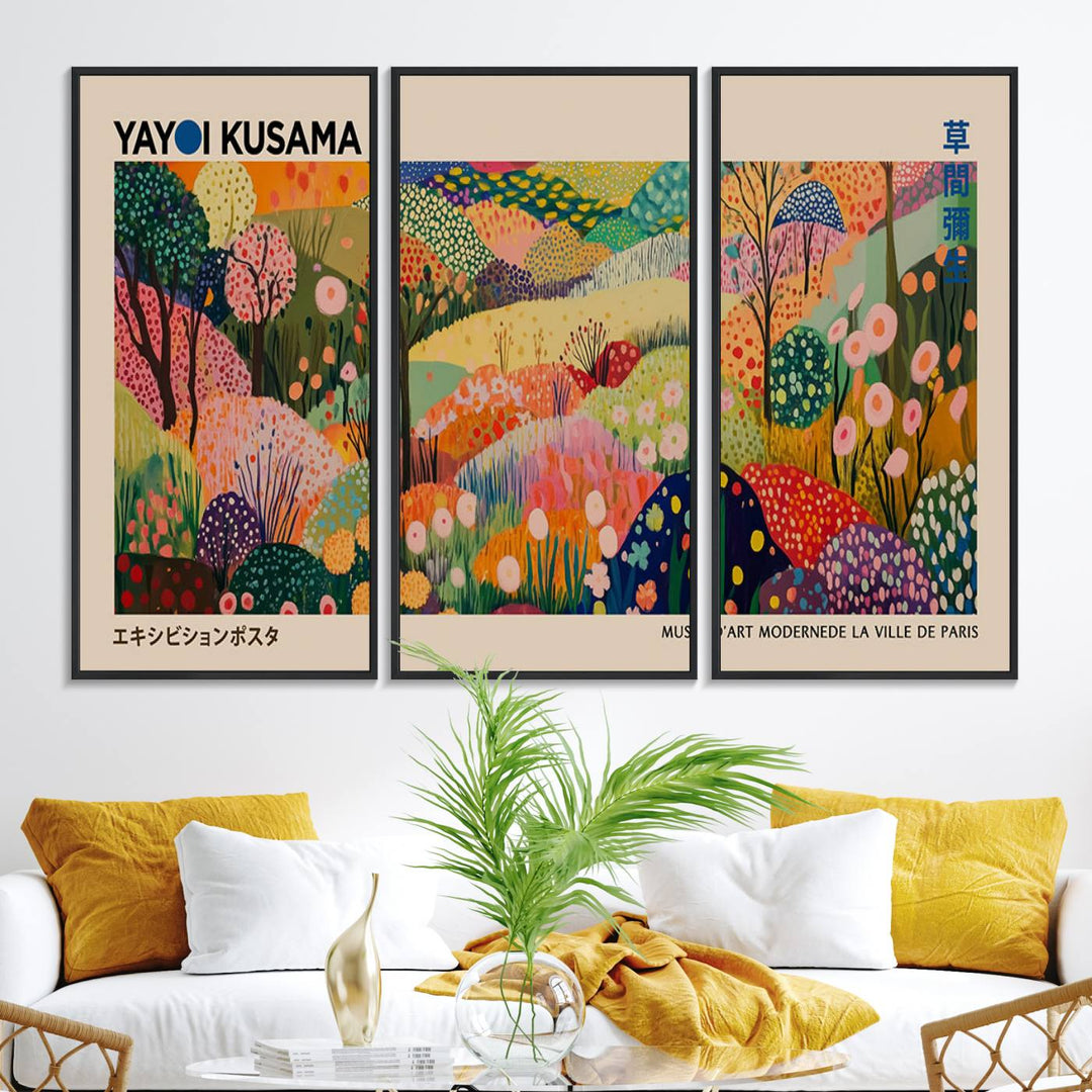 A Yayoi Kusama Wall Art Canvas Print featuring vibrant abstract floral patterns is displayed in a tranquil forest setting.