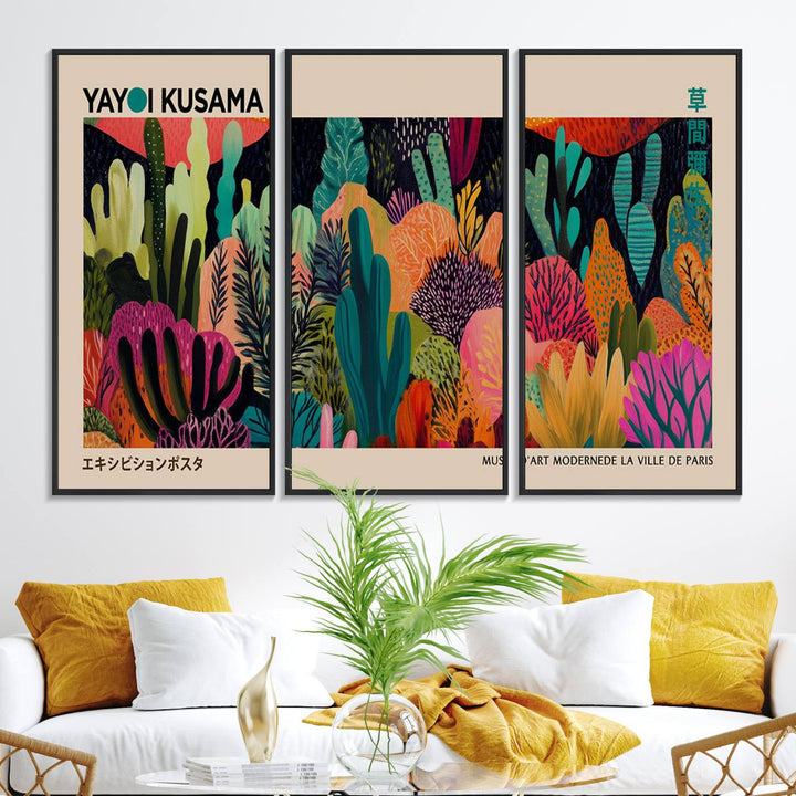 A vibrant Yayoi Kusama Wall Art Canvas Print showcases intricate abstract flora on a light background.