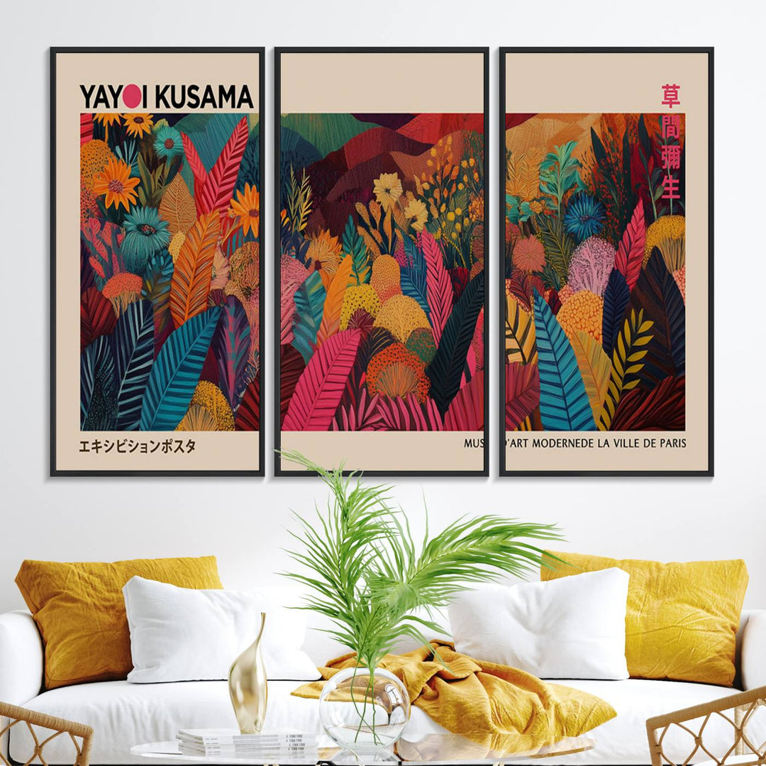 The Yayoi Kusama Inspired Wall Art Canvas Print features colorful flowers and foliage, presented with a premium canvas and gallery-quality finish.