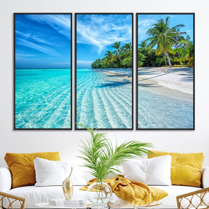 The Tropical Beach Wall Art Canvas Print features turquoise water and palm trees.