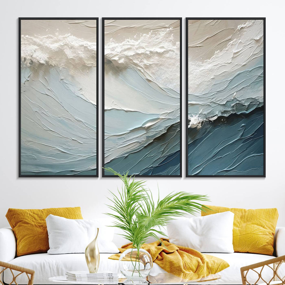 Waves Abstract Wall Art Print displayed on a porch with white siding.