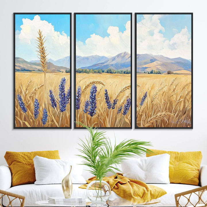 The Abstract Wheat Field Wall Art is a scenic landscape canvas print featuring golden wheat fields and lavender blooms, ideal for farmhouse or rustic decor.