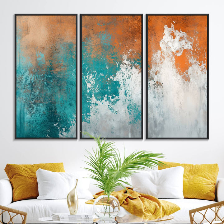 The Vintage Abstract Print - Bold Teal and Orange Canvas Wall Art is displayed on a porch.
