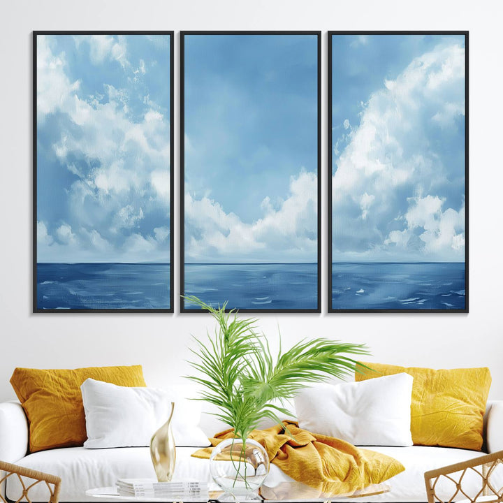 Abstract Ocean Print - Serene Blue Canvas displayed on a porch featuring minimalist decor.