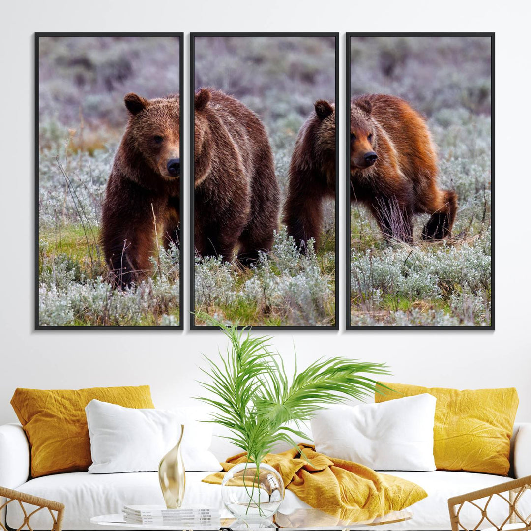 The "Grizzly 399 in Wild Flowers" wall art canvas print, showcasing grizzly bears amidst vibrant wildflowers, elegantly captures the enchanting essence of nature. This handmade piece from the USA brings striking beauty to any space.