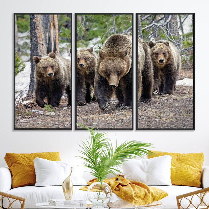 The Grizzly 399 and Cubs in Wild Flowers Wall Art Canvas Print, depicting grizzly bears amidst wildflowers, is elegantly displayed.